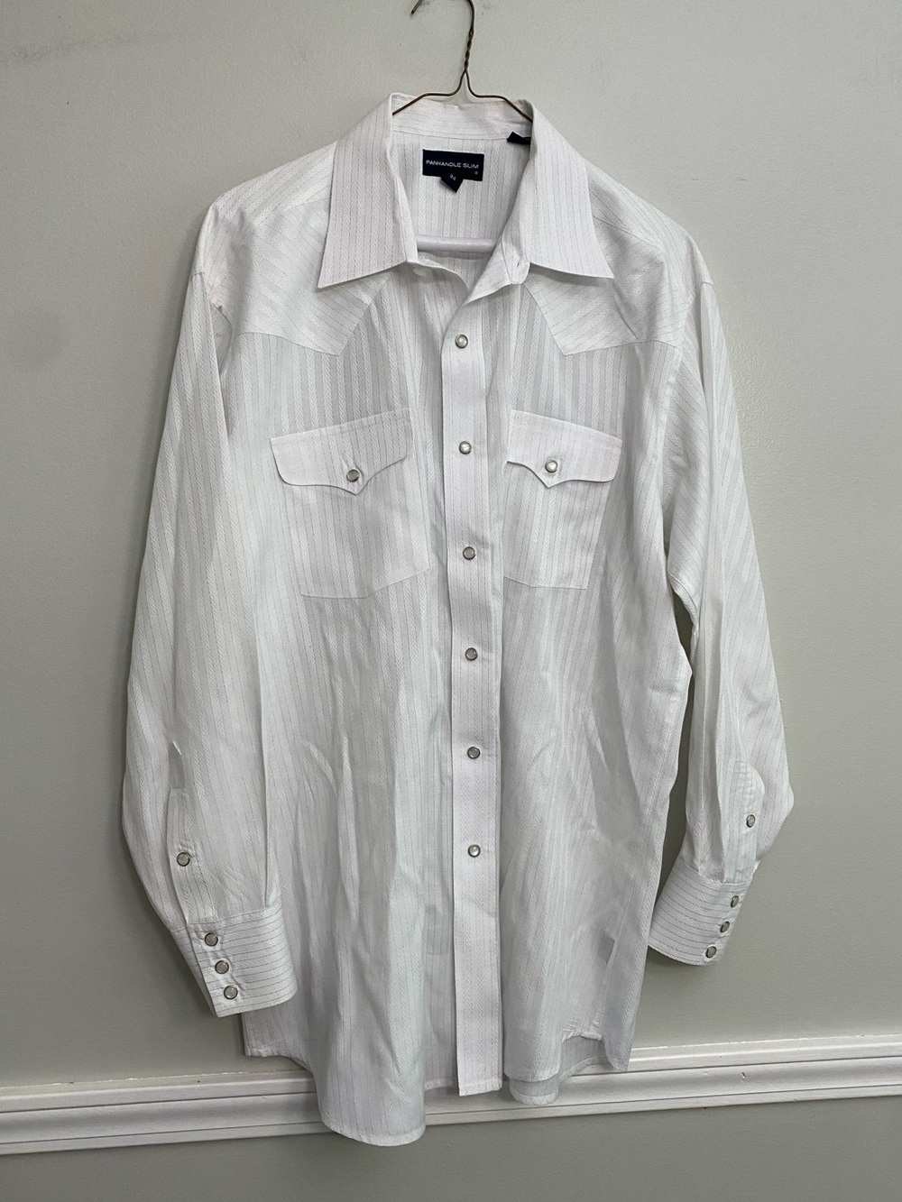 Men’s Panhandle Slim Western White and Silver Pearl Snap‎ Shirt - L